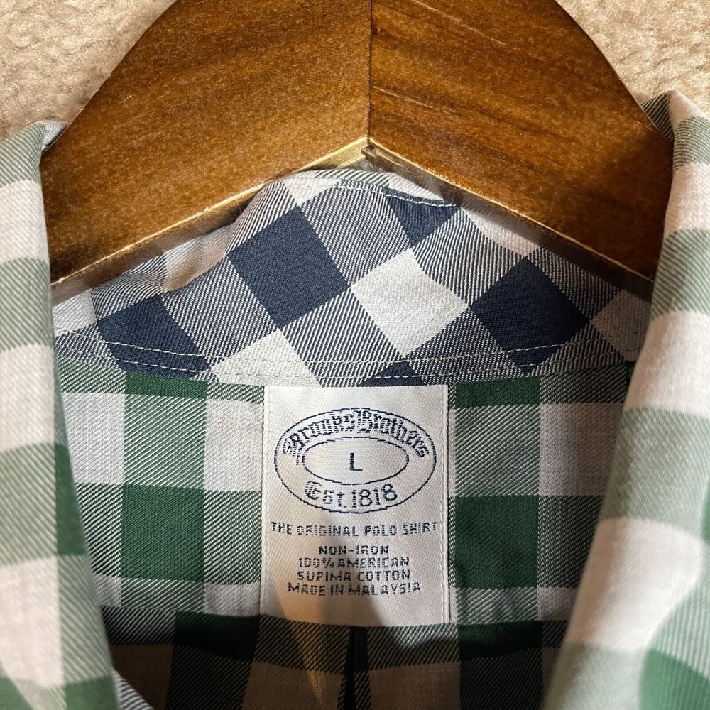 Brooks Brothers Button Down Shirt Mens Large L White/Green Check Non Iron Supima - Picture 4 of 8